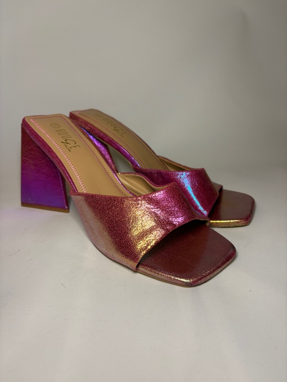Rouge Helium Iridescent Pink Block Heel Mule with Triangular Heel Size 11